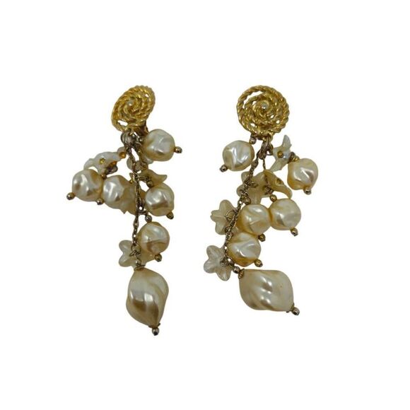 Large Vintage Runway Statement Gold Swirl & Floral Pearl Beaded Dangle Earrings - Picture 5 of 12